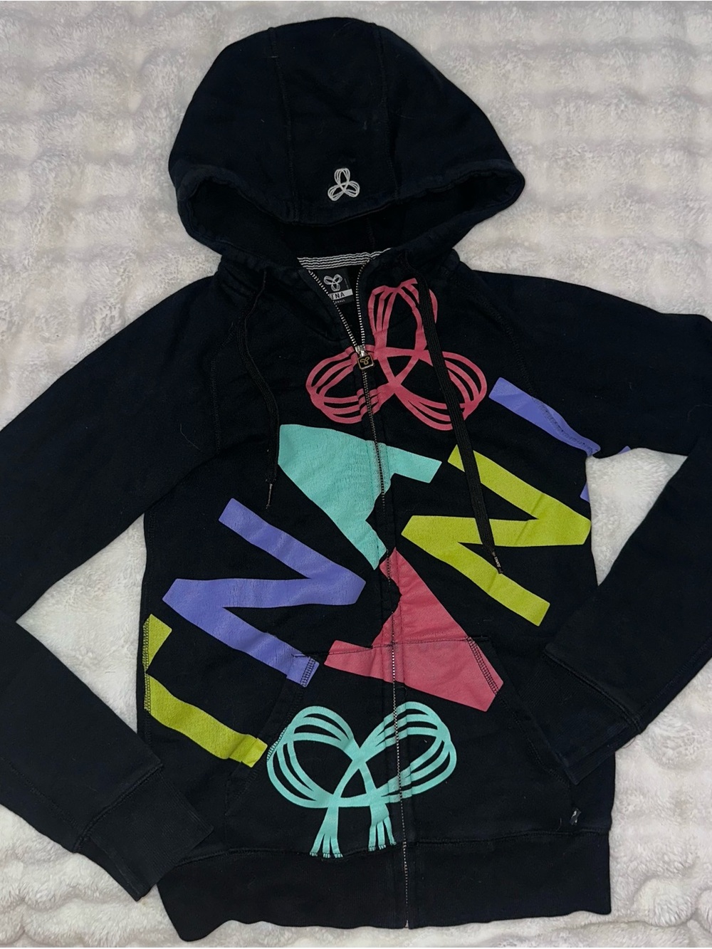 Black TNA Aritzia X-small Zip-Up Hoodie with Colorful Geometric Print